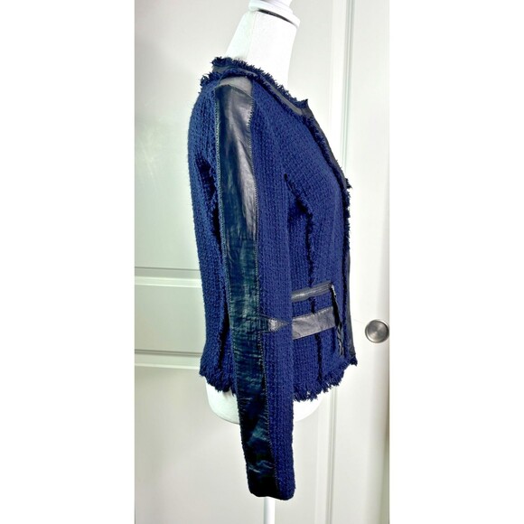 REBECCA TAYLOR Boucle Fringe Blazer SIZE 4 Navy Blue Black Leather Trim Coat EUC - Picture 2 of 16